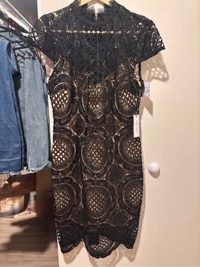 Bisou Bisou Black Lace Midi Dress with Nude Lining